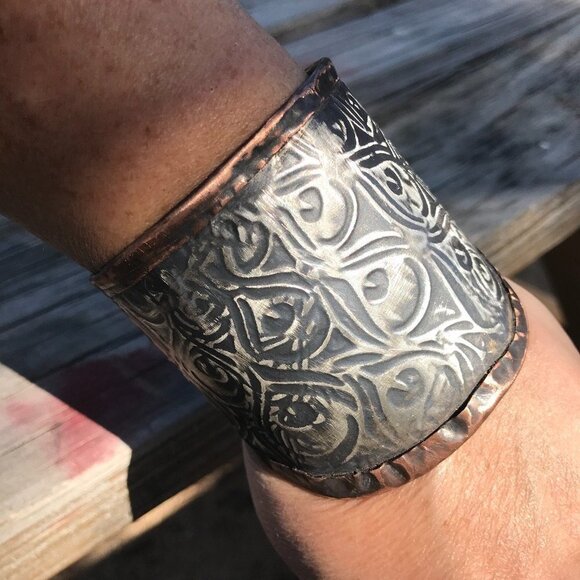 Peacock Embossed Sterling Silver 925 Copper Cuff Wide Rustic Handmade Gladiator - Picture 1 of 8